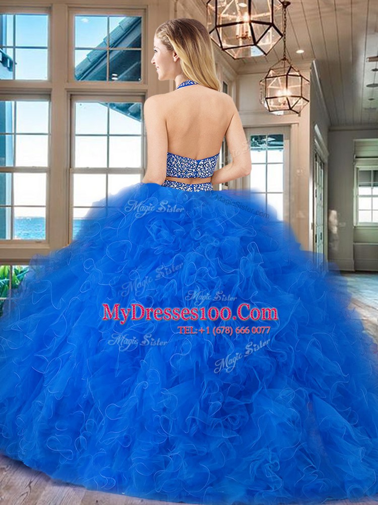 Fantastic Fuchsia Halter Top Neckline Beading and Ruffles Sweet 16 Dress Sleeveless Backless
