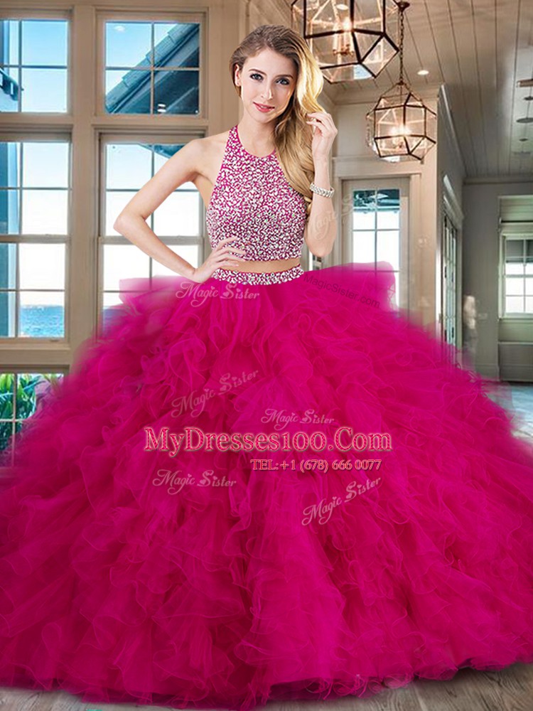 Fantastic Fuchsia Halter Top Neckline Beading and Ruffles Sweet 16 Dress Sleeveless Backless