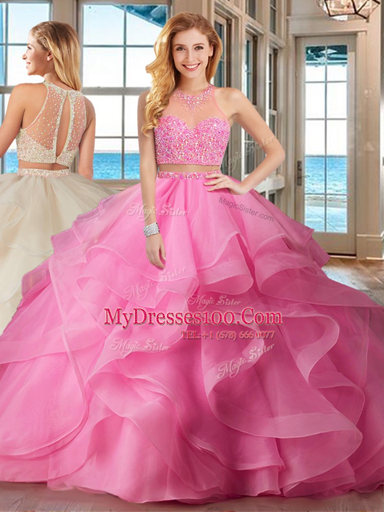 Designer Baby Pink Organza Lace Up High-neck Sleeveless With Train Quince Ball Gowns Brush Train Beading and Ruffles
