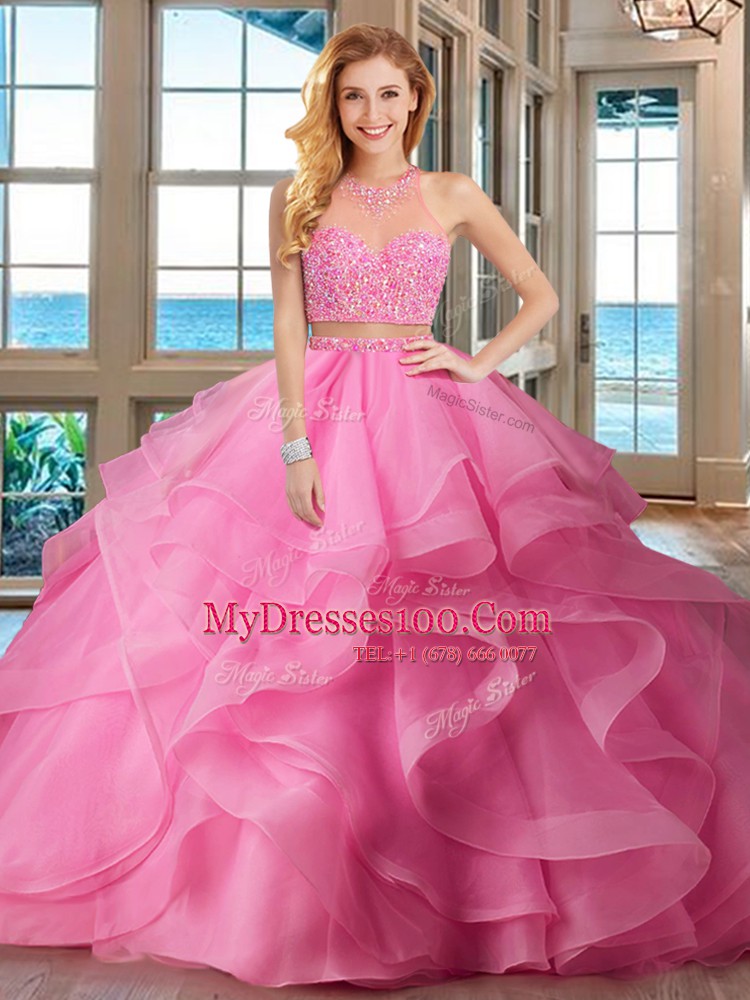 Designer Baby Pink Organza Lace Up High-neck Sleeveless With Train Quince Ball Gowns Brush Train Beading and Ruffles