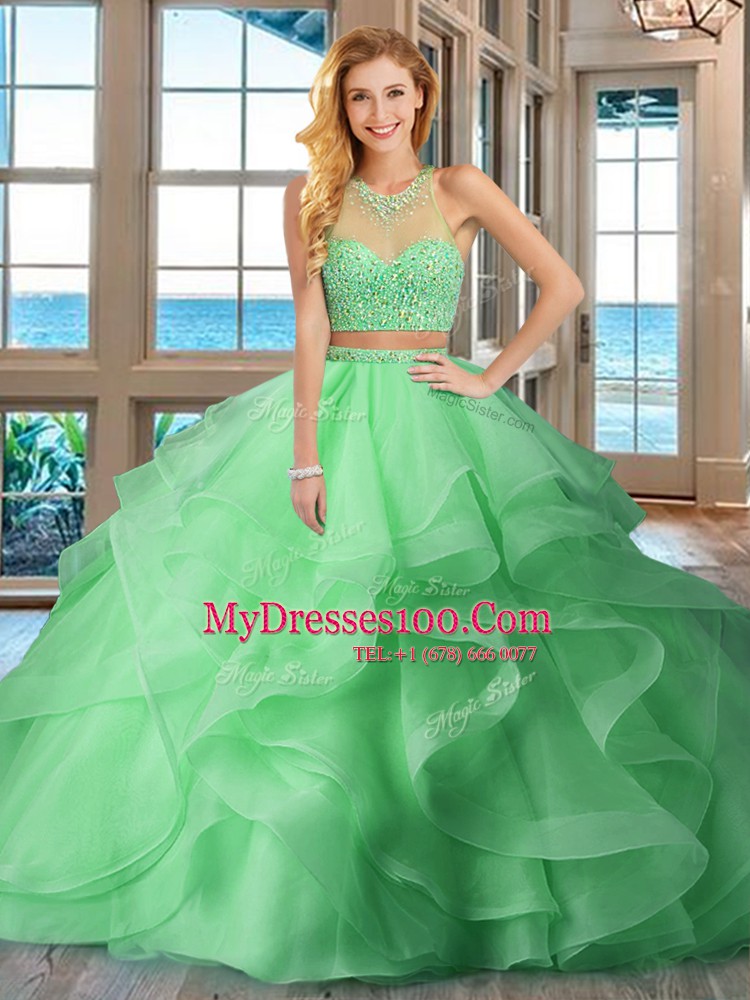 Designer Baby Pink Organza Lace Up High-neck Sleeveless With Train Quince Ball Gowns Brush Train Beading and Ruffles