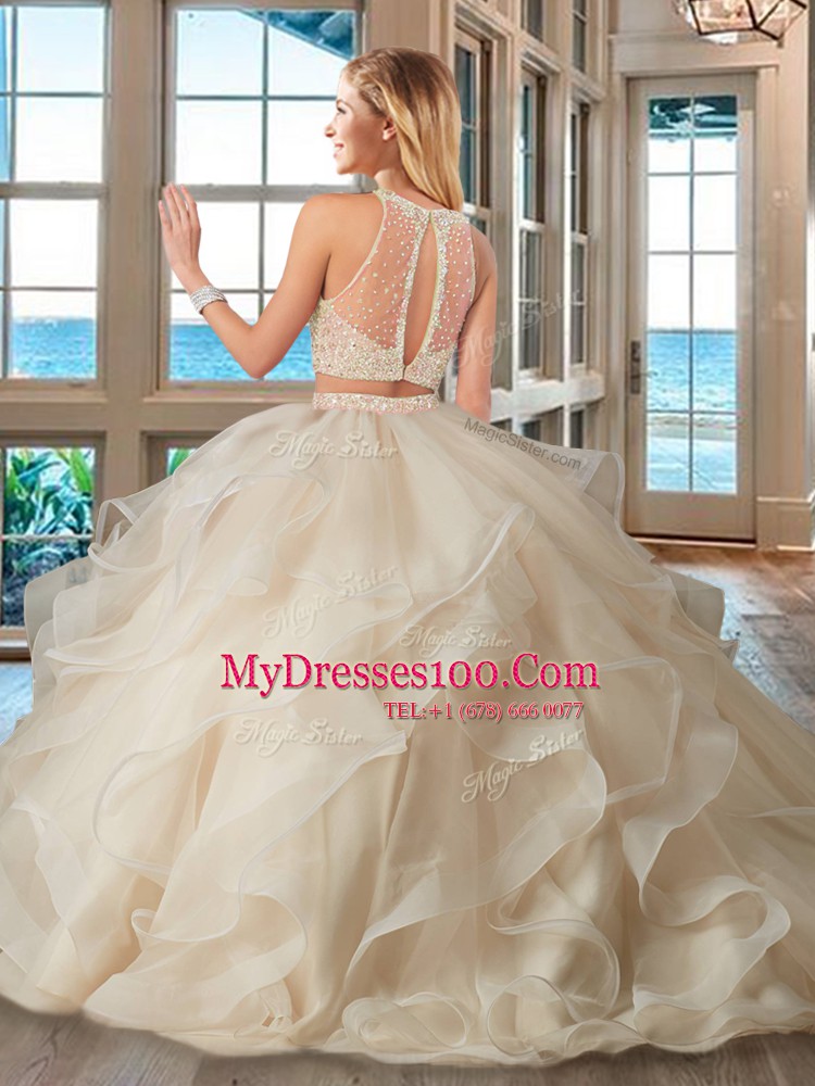 Designer Baby Pink Organza Lace Up High-neck Sleeveless With Train Quince Ball Gowns Brush Train Beading and Ruffles