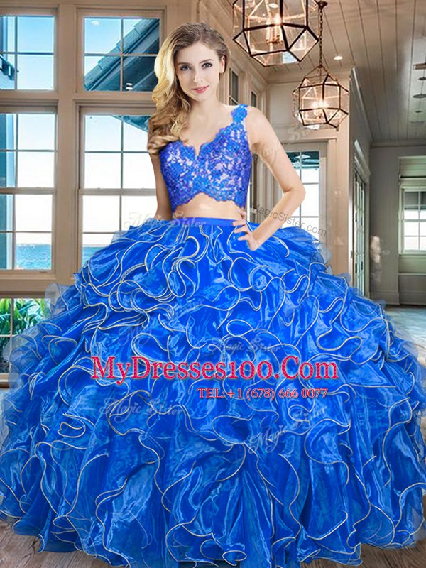 Blue Organza Zipper 15 Quinceanera Dress Sleeveless Asymmetrical Lace and Ruffles