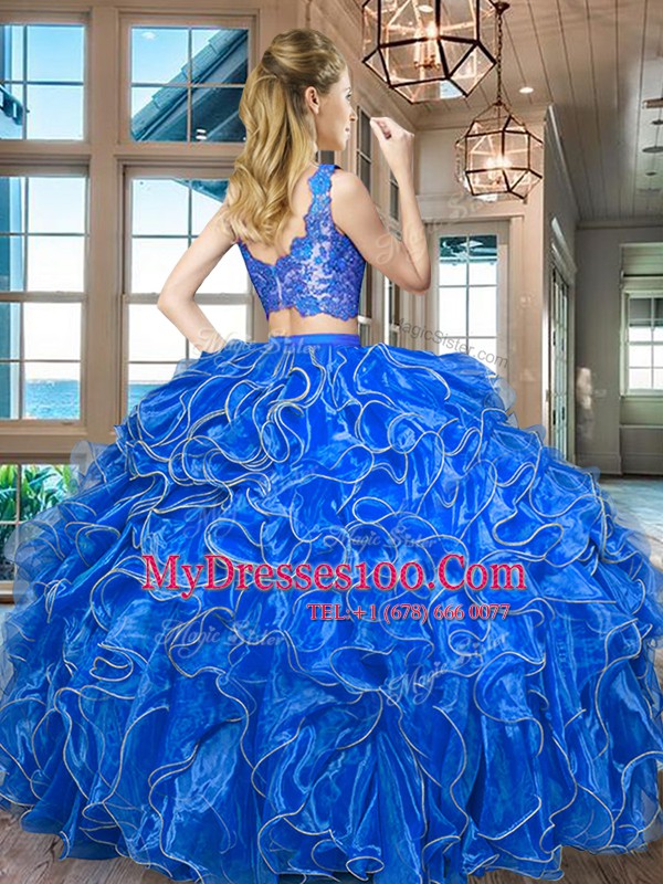 Blue Organza Zipper 15 Quinceanera Dress Sleeveless Asymmetrical Lace and Ruffles