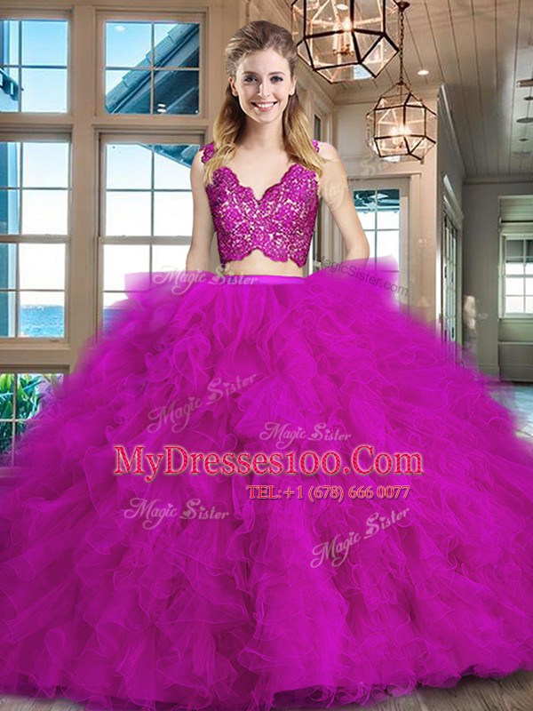 Sleeveless Lace and Ruffles Zipper Quinceanera Dresses with Fuchsia Brush Train