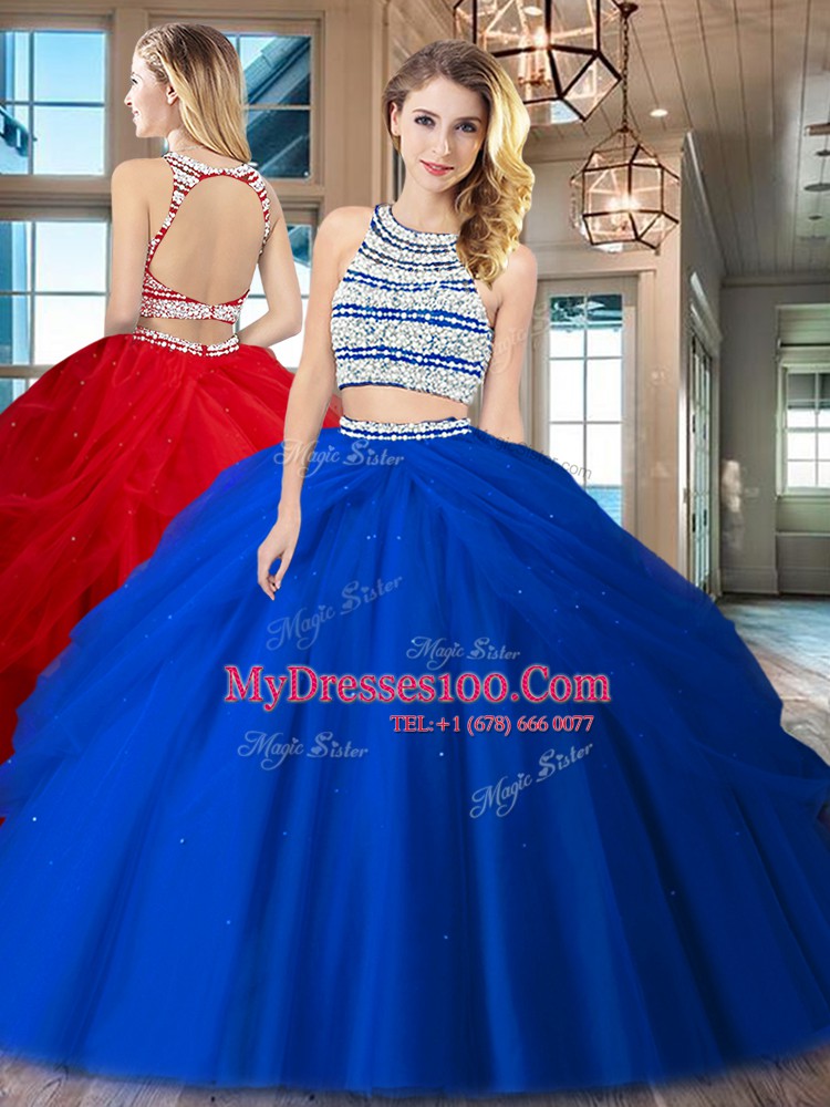 Clearance Royal Blue Backless Scoop Beading and Pick Ups Vestidos de Quinceanera Tulle Sleeveless
