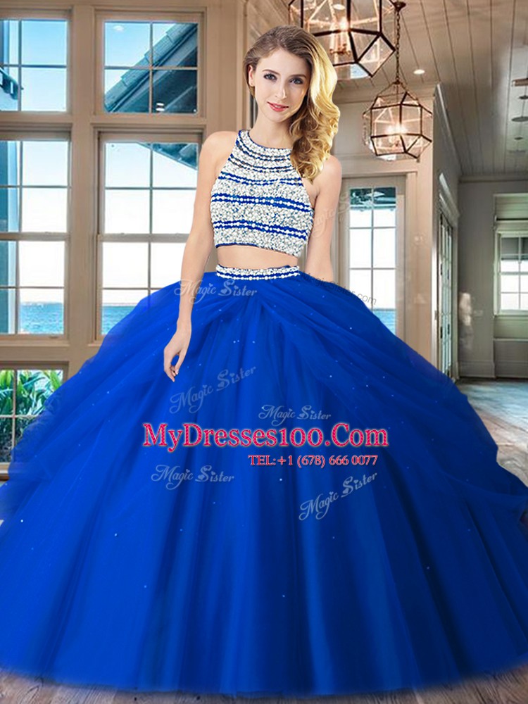 Clearance Royal Blue Backless Scoop Beading and Pick Ups Vestidos de Quinceanera Tulle Sleeveless