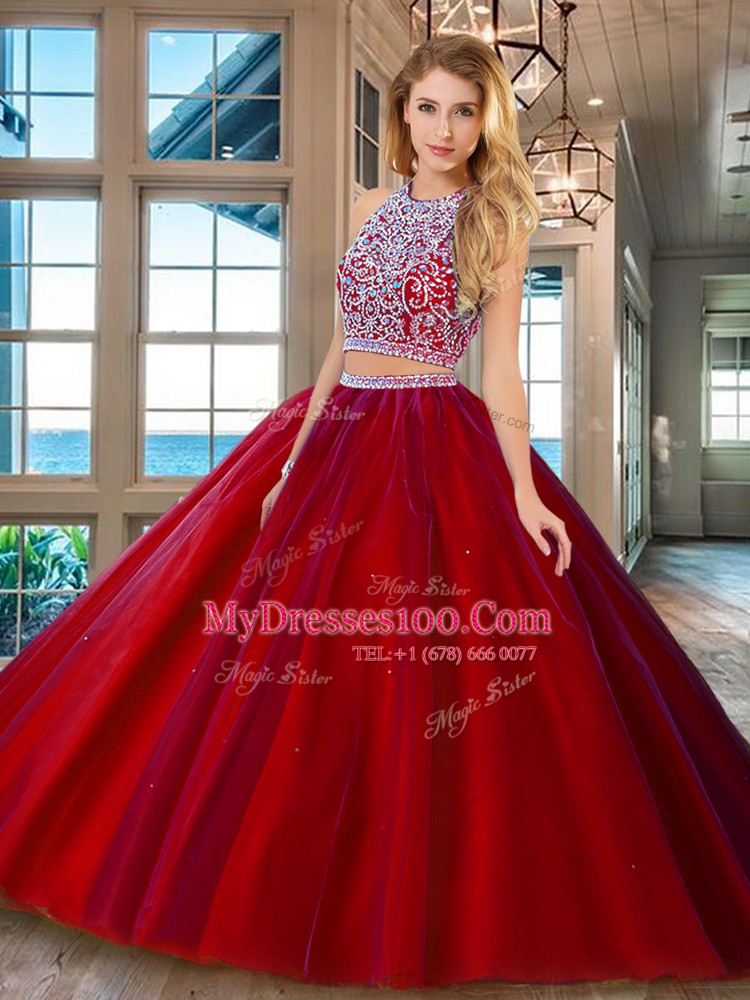 Luxurious Two Pieces Quinceanera Dresses Red Scoop Tulle Sleeveless Backless