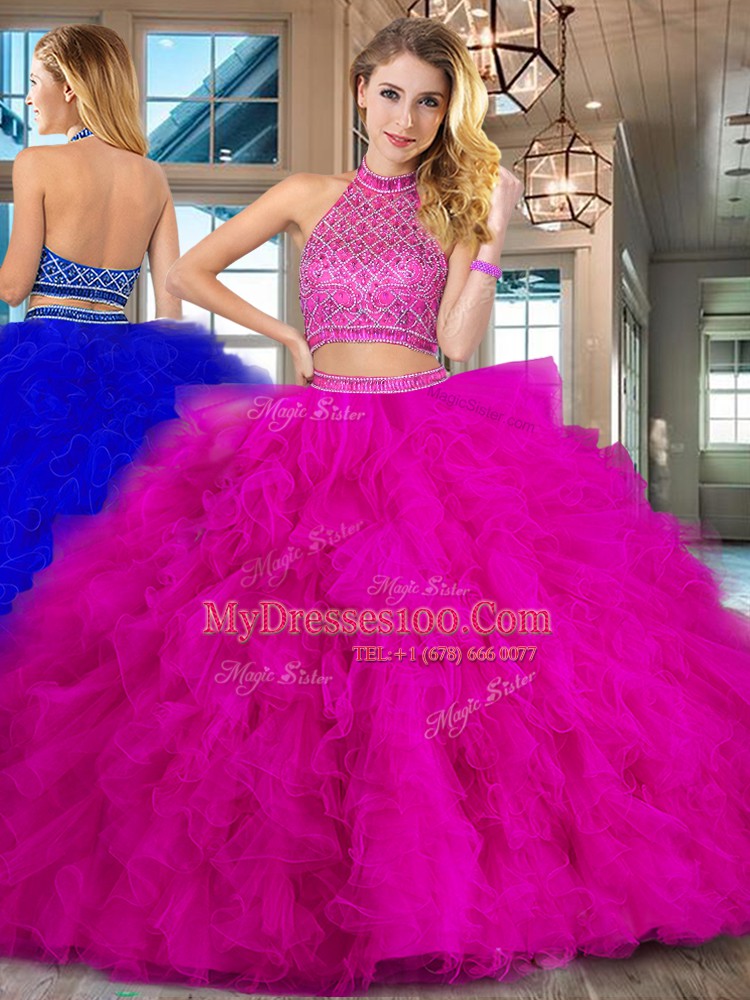 Eye-catching Tulle Halter Top Sleeveless Brush Train Backless Beading and Ruffles Quince Ball Gowns in Fuchsia