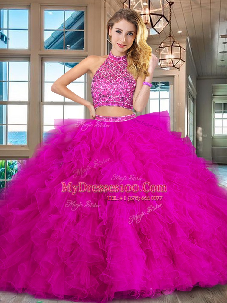 Eye-catching Tulle Halter Top Sleeveless Brush Train Backless Beading and Ruffles Quince Ball Gowns in Fuchsia