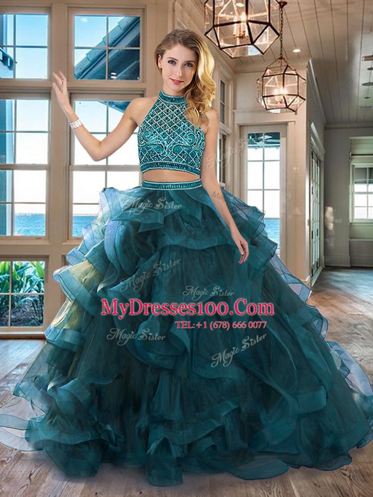 Halter Top Sleeveless Brush Train Backless Beading and Ruffles Ball Gown Prom Dress