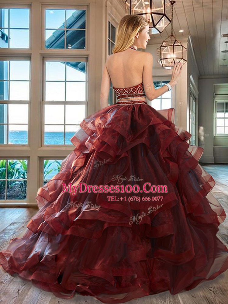 Halter Top Sleeveless Brush Train Backless Beading and Ruffles Ball Gown Prom Dress