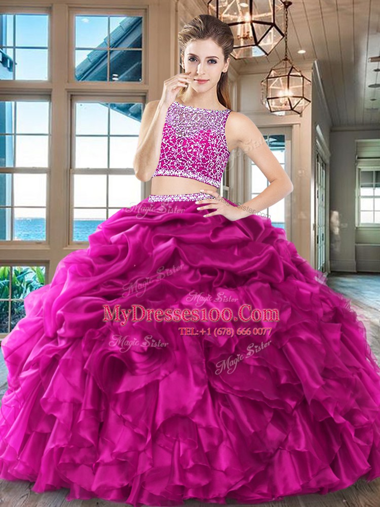 Ideal Wine Red Two Pieces Organza Bateau Sleeveless Beading and Ruffles and Pick Ups Floor Length Side Zipper Sweet 16 Dress