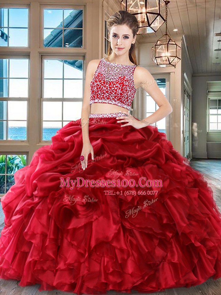 Ideal Wine Red Two Pieces Organza Bateau Sleeveless Beading and Ruffles and Pick Ups Floor Length Side Zipper Sweet 16 Dress