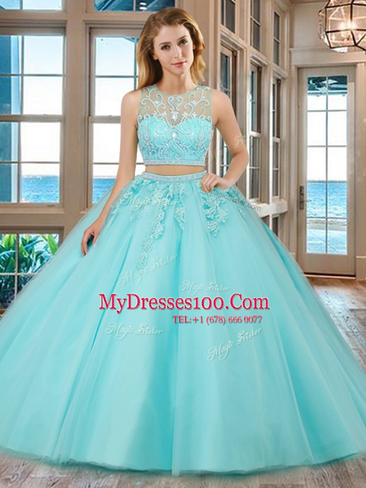 Most Popular Scoop Aqua Blue Tulle Zipper Sweet 16 Quinceanera Dress Sleeveless Floor Length Beading and Appliques