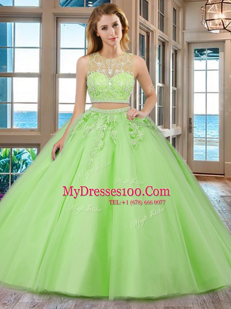 Most Popular Scoop Aqua Blue Tulle Zipper Sweet 16 Quinceanera Dress Sleeveless Floor Length Beading and Appliques