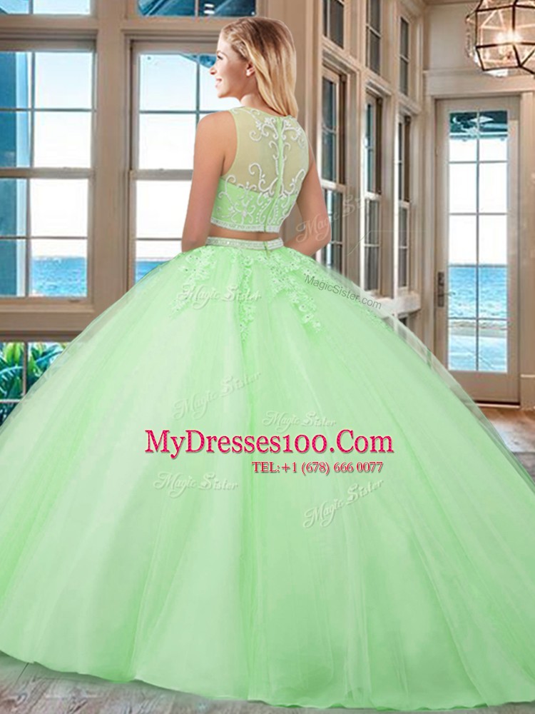 Most Popular Scoop Aqua Blue Tulle Zipper Sweet 16 Quinceanera Dress Sleeveless Floor Length Beading and Appliques