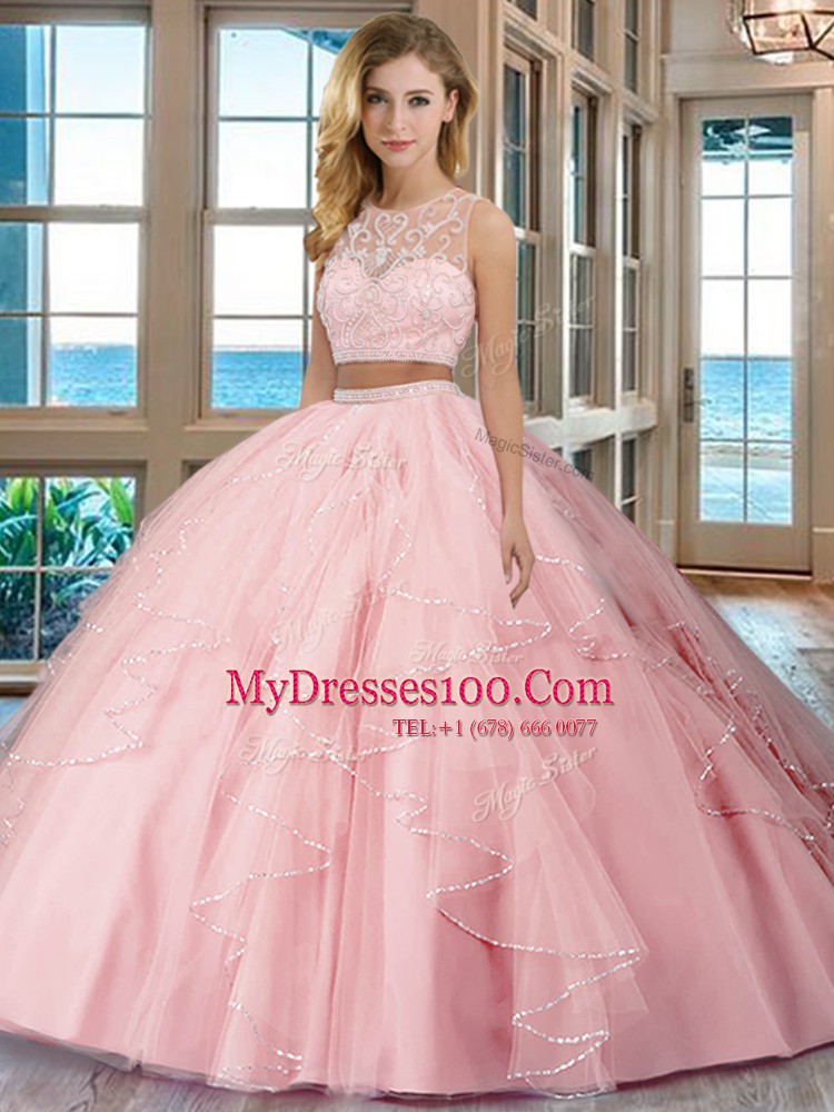 Smart Scoop Floor Length Zipper Sweet 16 Dress Baby Pink for Military Ball and Sweet 16 and Quinceanera with Beading and Ruffles