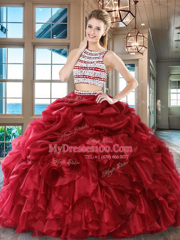 Organza Scoop Sleeveless Backless Beading and Ruffles and Pick Ups Sweet 16 Dress in Wine Red