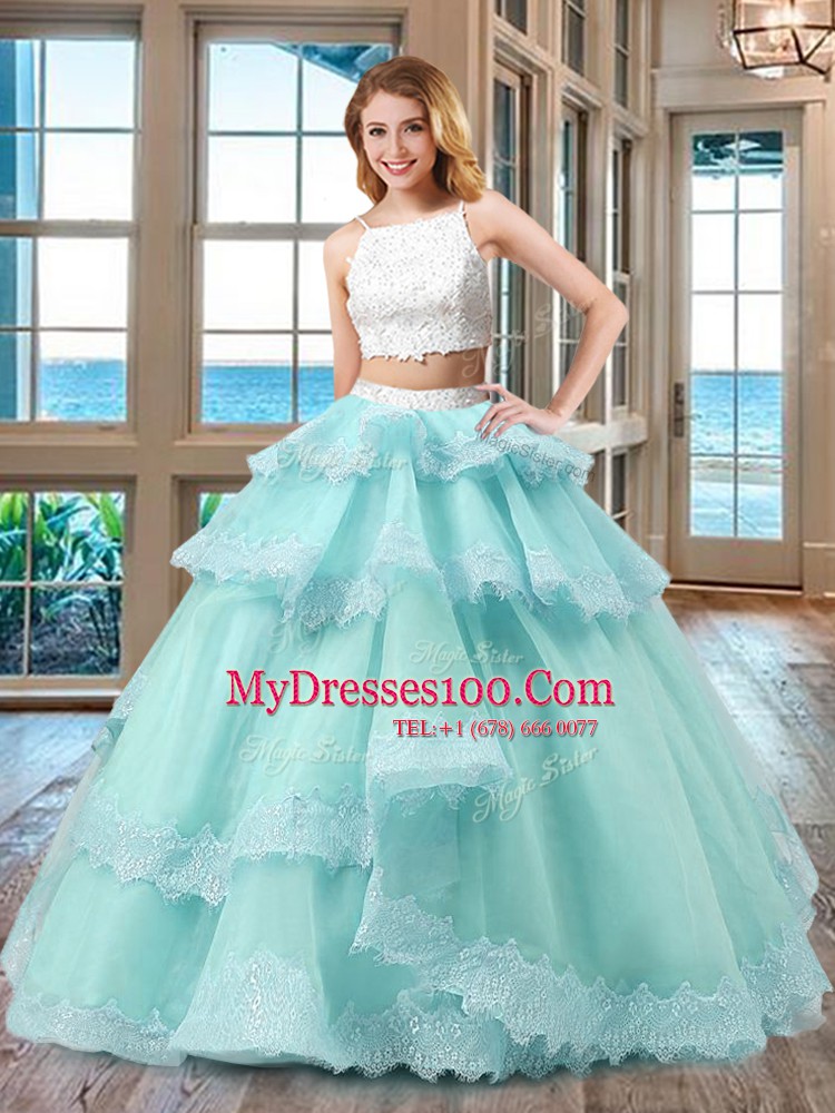 Unique Straps Floor Length Two Pieces Sleeveless Lavender Sweet 16 Dress Backless