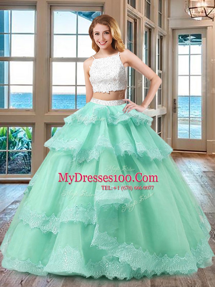 Unique Straps Floor Length Two Pieces Sleeveless Lavender Sweet 16 Dress Backless