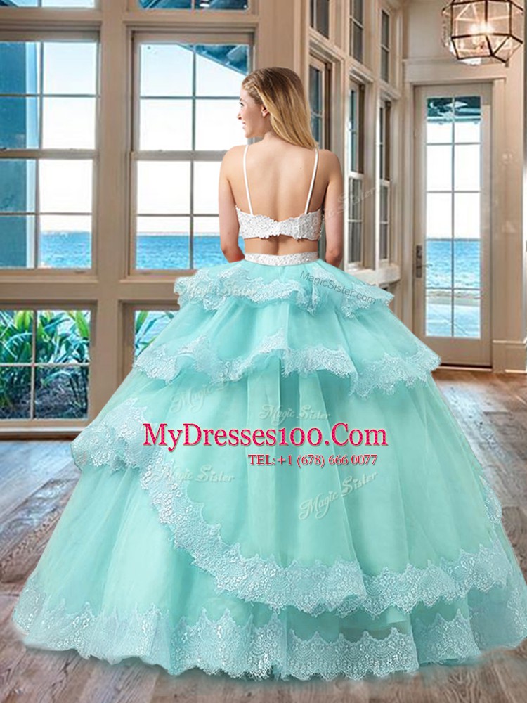 Unique Straps Floor Length Two Pieces Sleeveless Lavender Sweet 16 Dress Backless