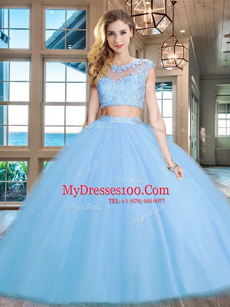 Top Selling Light Blue Scoop Zipper Beading and Appliques 15 Quinceanera Dress Cap Sleeves