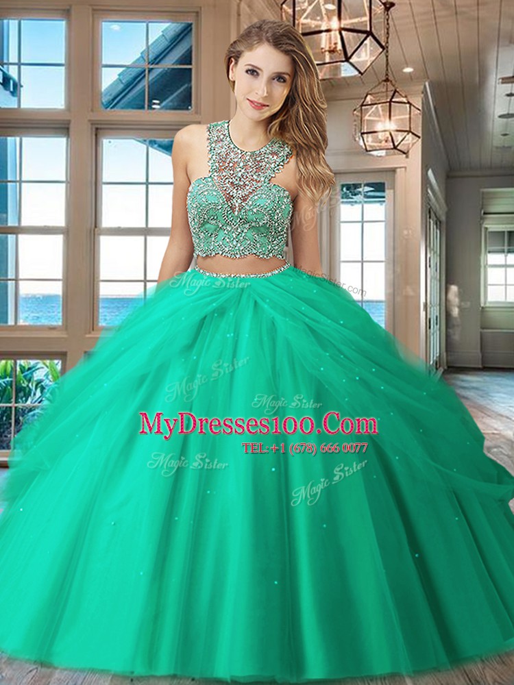 Best Selling Red Two Pieces Scoop Sleeveless Tulle Floor Length Criss Cross Beading and Pick Ups Quinceanera Dress