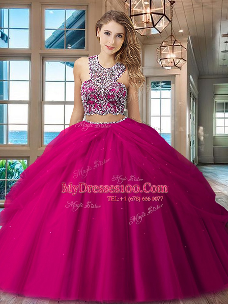 Best Selling Red Two Pieces Scoop Sleeveless Tulle Floor Length Criss Cross Beading and Pick Ups Quinceanera Dress