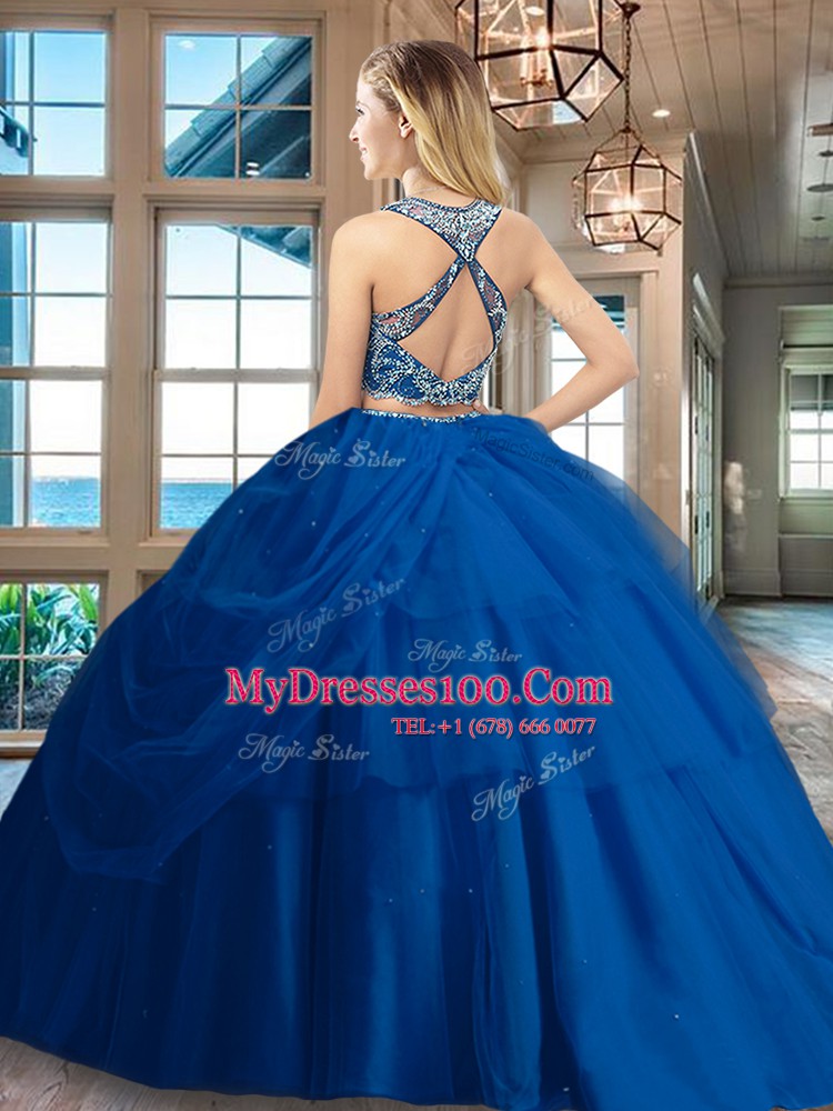 Best Selling Red Two Pieces Scoop Sleeveless Tulle Floor Length Criss Cross Beading and Pick Ups Quinceanera Dress