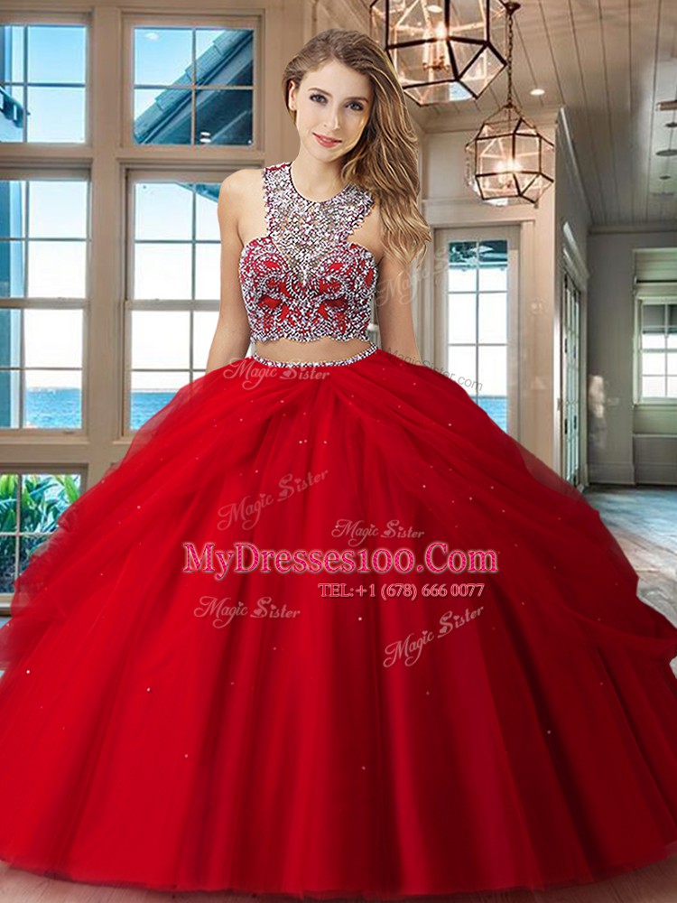 Best Selling Red Two Pieces Scoop Sleeveless Tulle Floor Length Criss Cross Beading and Pick Ups Quinceanera Dress