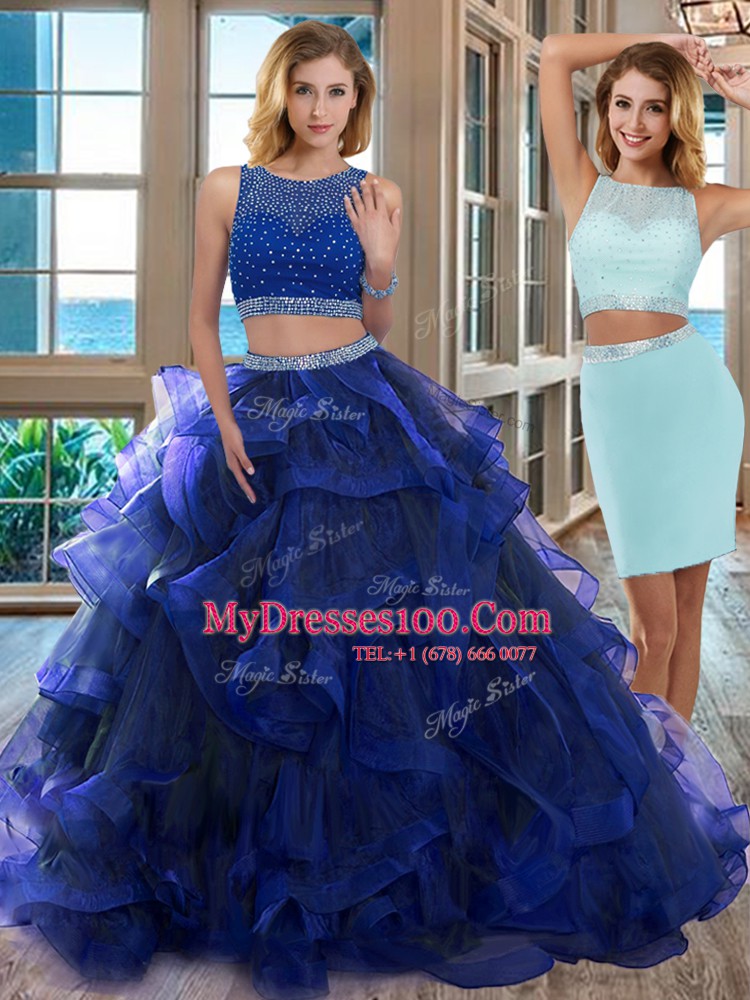 Fashion Royal Blue Scoop Backless Beading Quinceanera Gowns Sleeveless