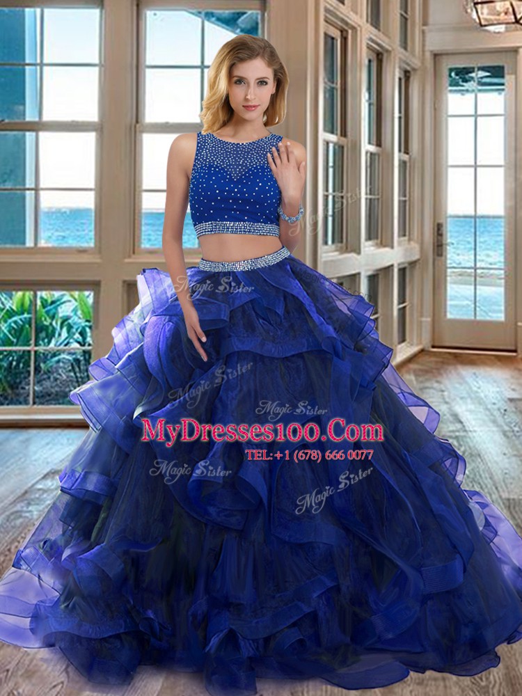 Fashion Royal Blue Scoop Backless Beading Quinceanera Gowns Sleeveless