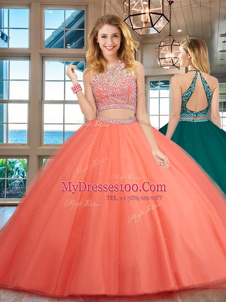 Watermelon Red Quinceanera Dresses Military Ball and Sweet 16 and Quinceanera and For with Beading Scoop Sleeveless Backless