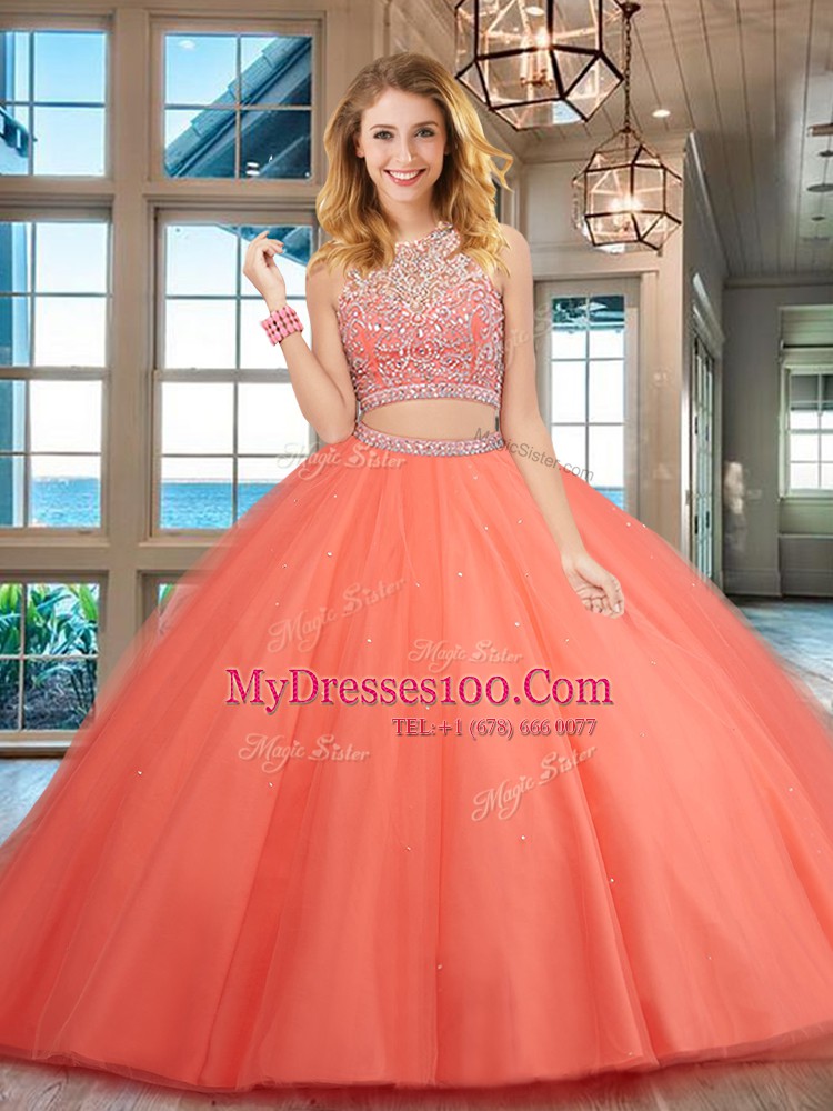 Watermelon Red Quinceanera Dresses Military Ball and Sweet 16 and Quinceanera and For with Beading Scoop Sleeveless Backless