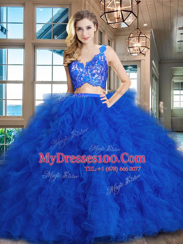 Nice Royal Blue Two Pieces V-neck Sleeveless Tulle Brush Train Zipper Lace and Ruffles Ball Gown Prom Dress