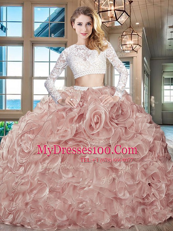 Scoop Two Pieces Long Sleeves Pink Quinceanera Dresses Brush Train Zipper