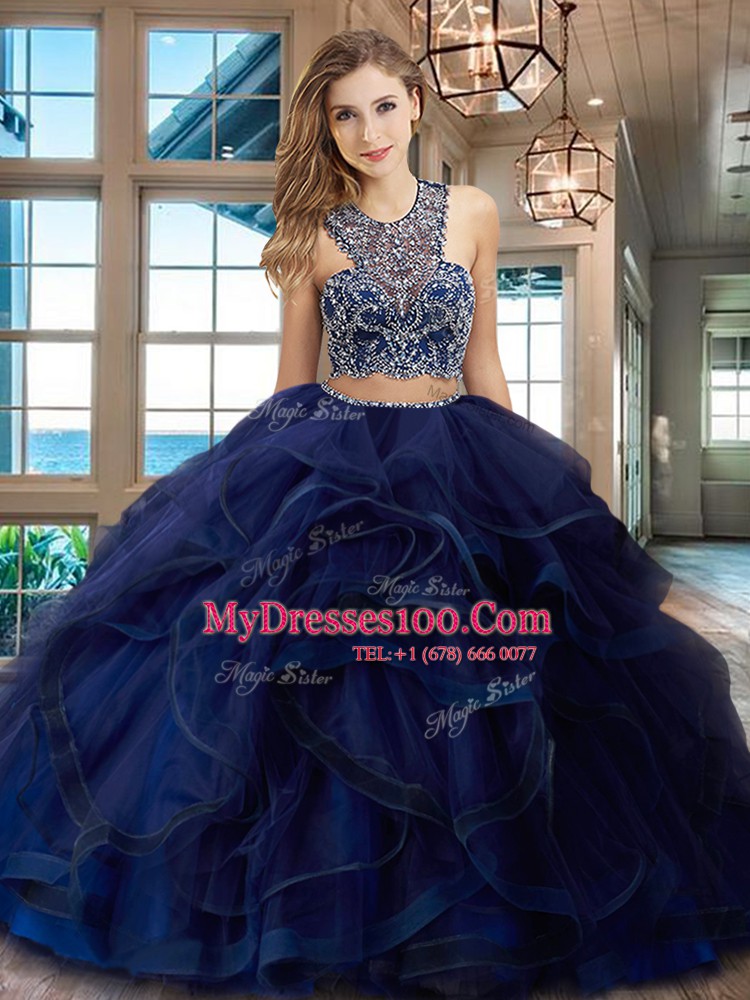 Burgundy Two Pieces Scoop Sleeveless Tulle With Brush Train Criss Cross Beading and Ruffles Quinceanera Dresses