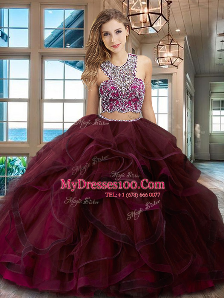 Burgundy Two Pieces Scoop Sleeveless Tulle With Brush Train Criss Cross Beading and Ruffles Quinceanera Dresses