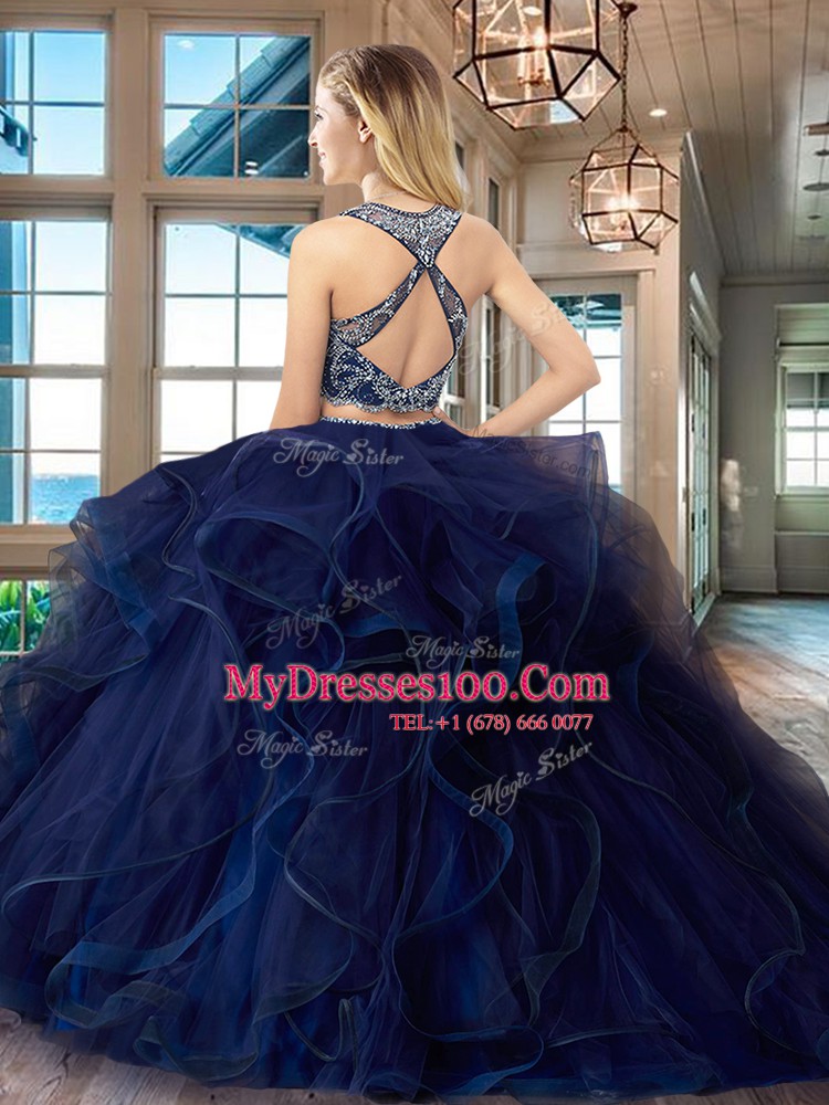 Burgundy Two Pieces Scoop Sleeveless Tulle With Brush Train Criss Cross Beading and Ruffles Quinceanera Dresses