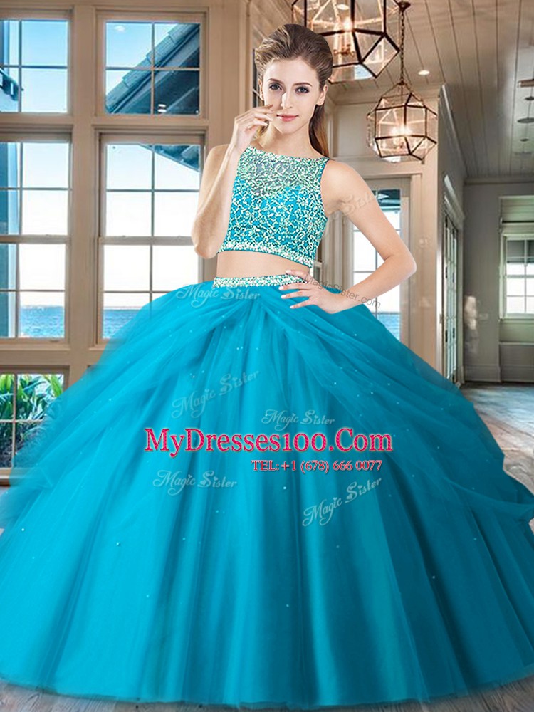 Custom Design Red Side Zipper Bateau Beading and Pick Ups Quince Ball Gowns Tulle Sleeveless