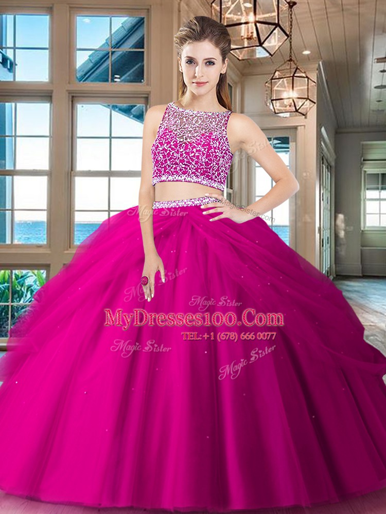 Custom Design Red Side Zipper Bateau Beading and Pick Ups Quince Ball Gowns Tulle Sleeveless