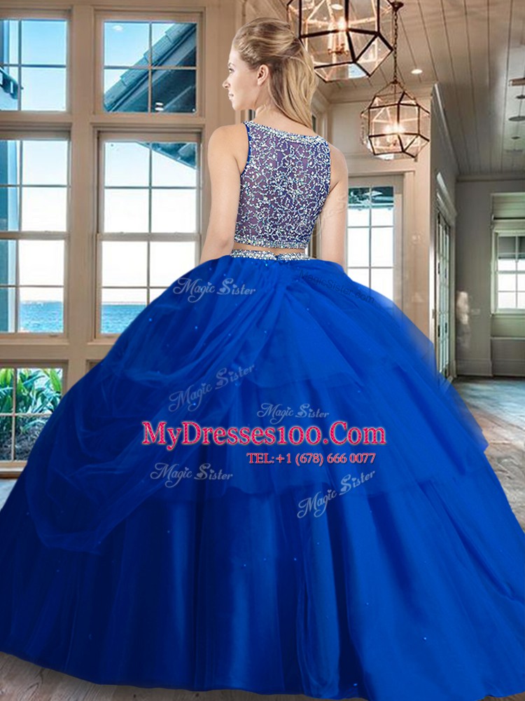 Custom Design Red Side Zipper Bateau Beading and Pick Ups Quince Ball Gowns Tulle Sleeveless