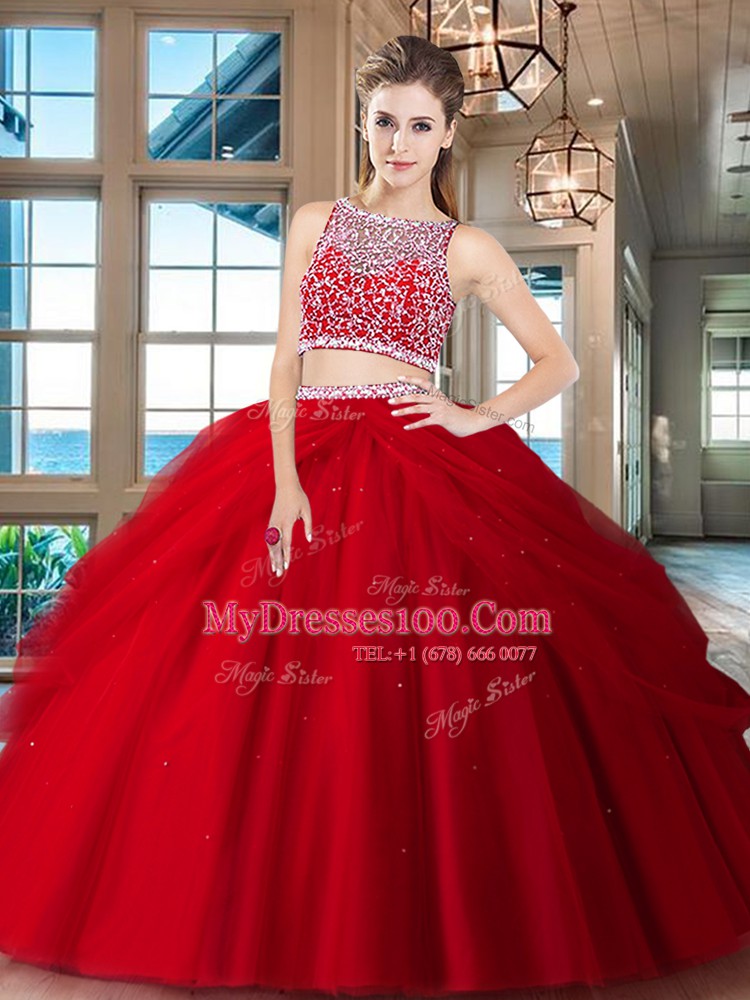 Custom Design Red Side Zipper Bateau Beading and Pick Ups Quince Ball Gowns Tulle Sleeveless
