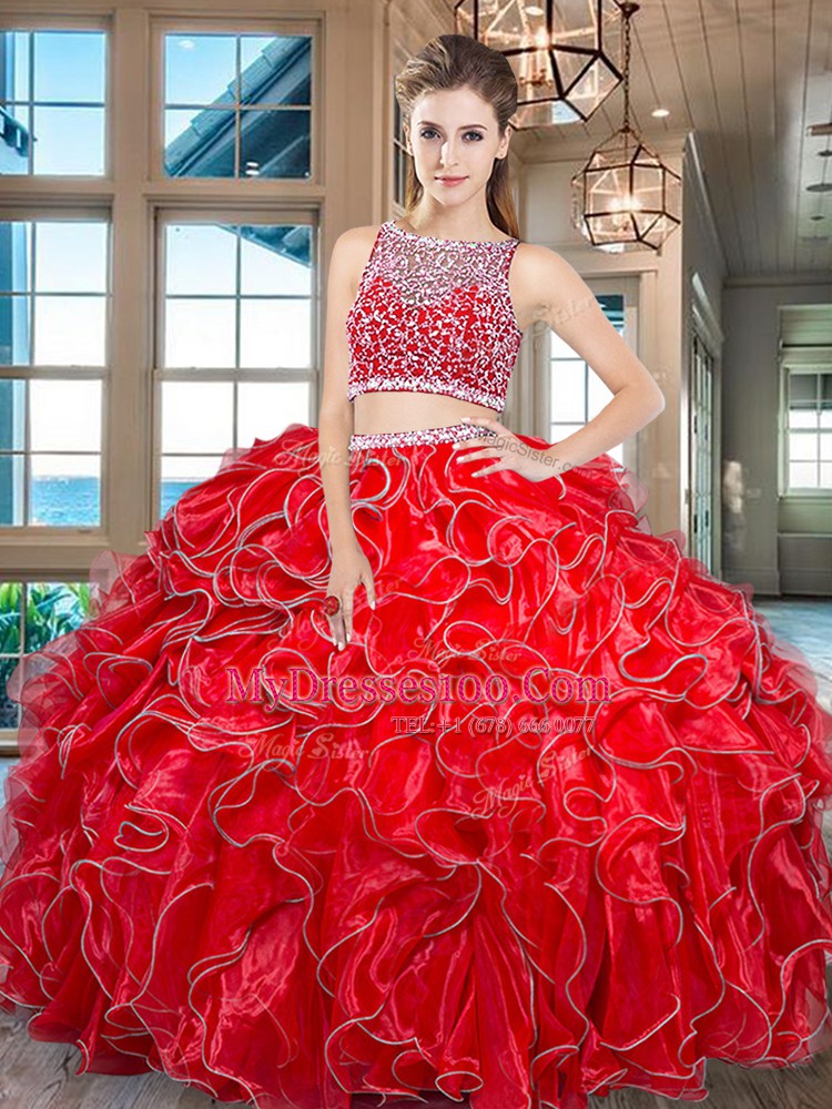 Two Pieces Sweet 16 Dresses Red Bateau Organza Sleeveless Floor Length Side Zipper