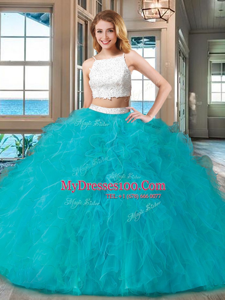 Straps Floor Length Two Pieces Sleeveless Blue Sweet 16 Quinceanera Dress Backless
