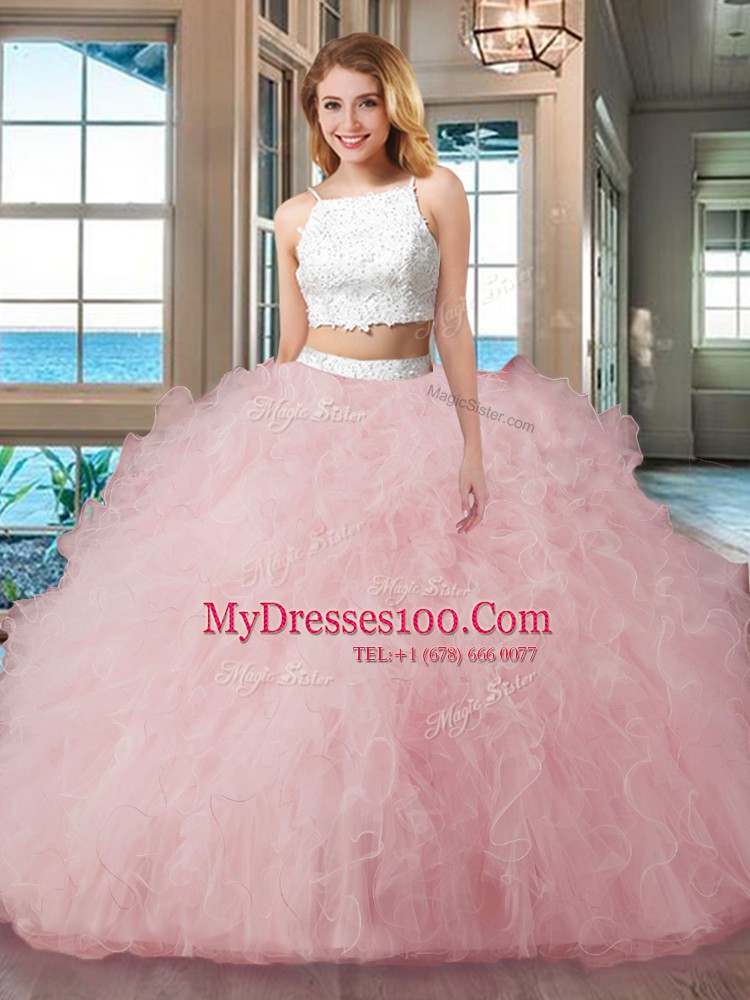 Straps Floor Length Two Pieces Sleeveless Blue Sweet 16 Quinceanera Dress Backless