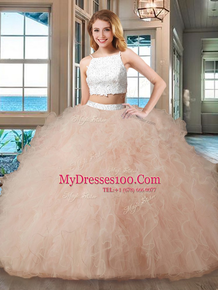 Straps Floor Length Two Pieces Sleeveless Blue Sweet 16 Quinceanera Dress Backless