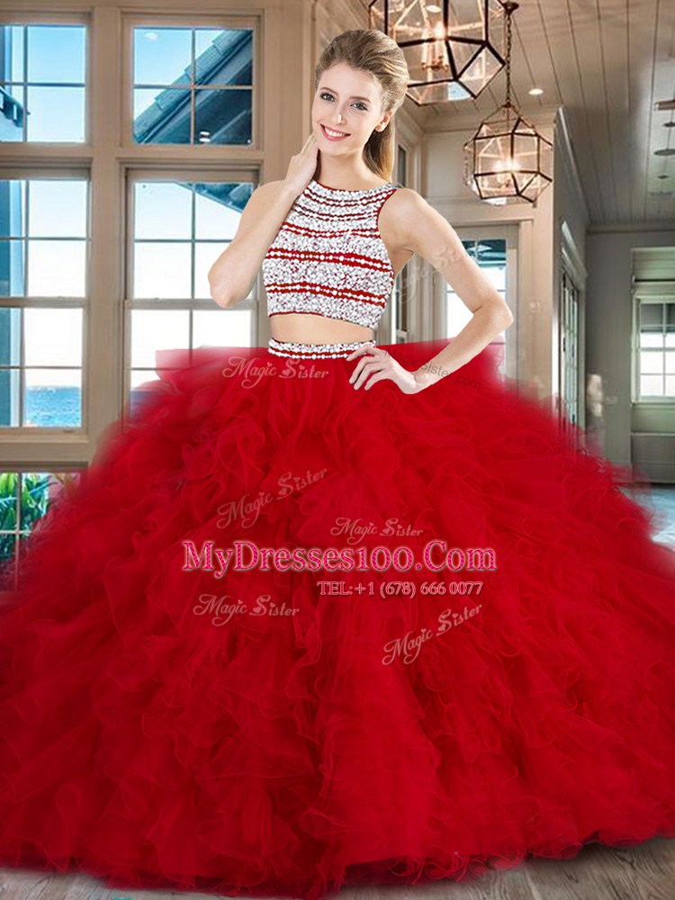 Sophisticated Scoop Red Two Pieces Beading and Ruffles Sweet 16 Dress Backless Tulle Sleeveless With Train