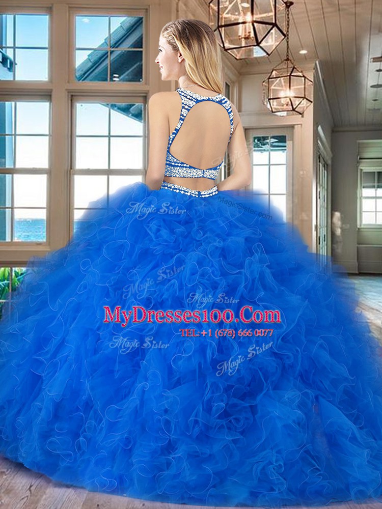 Sophisticated Scoop Red Two Pieces Beading and Ruffles Sweet 16 Dress Backless Tulle Sleeveless With Train